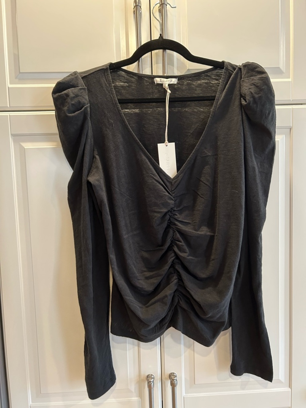 Z Supply Black Ruched V-Neck Long Sleeve Top with Puff Shoulders